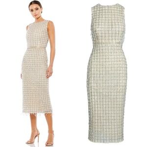 Mac Duggal Sleeveless High Neck Beaded Midi Sheath Dress in Nude 5471